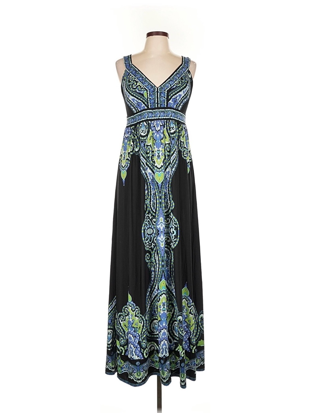 INC International Concepts Black Maxi Dress with Blue & Green Paisley Accents